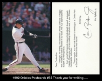 1992 Orioles Postcards #32 Thank you for writing