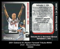 2001 Oakland A's Ripken Farewell Tribute #NNO 2131 - Record Breaker